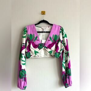 Caroline Constas Floral Linen Crop Top NWT Puff Sleeve Boho Resort Top Size M